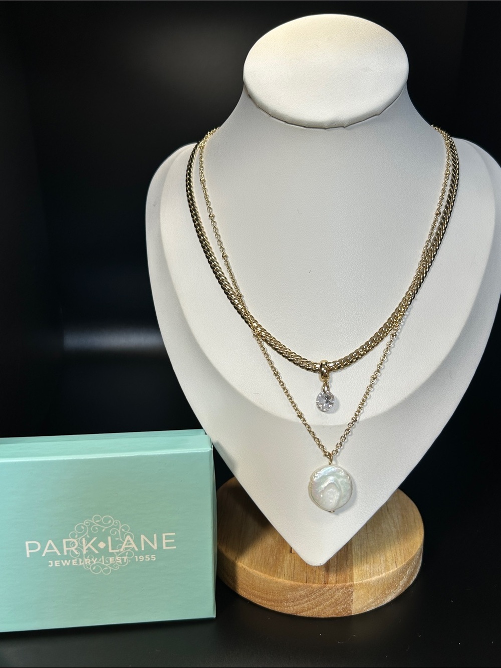 Park Lane Luna Layered Gold Necklace with Genuine White Pearl Pendant
